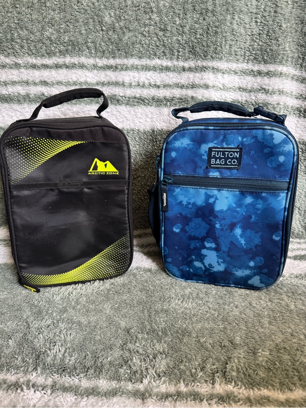 Fulton Bag Co. Kids Blue Camo, Arctic Zone black and light green lunch Bag.